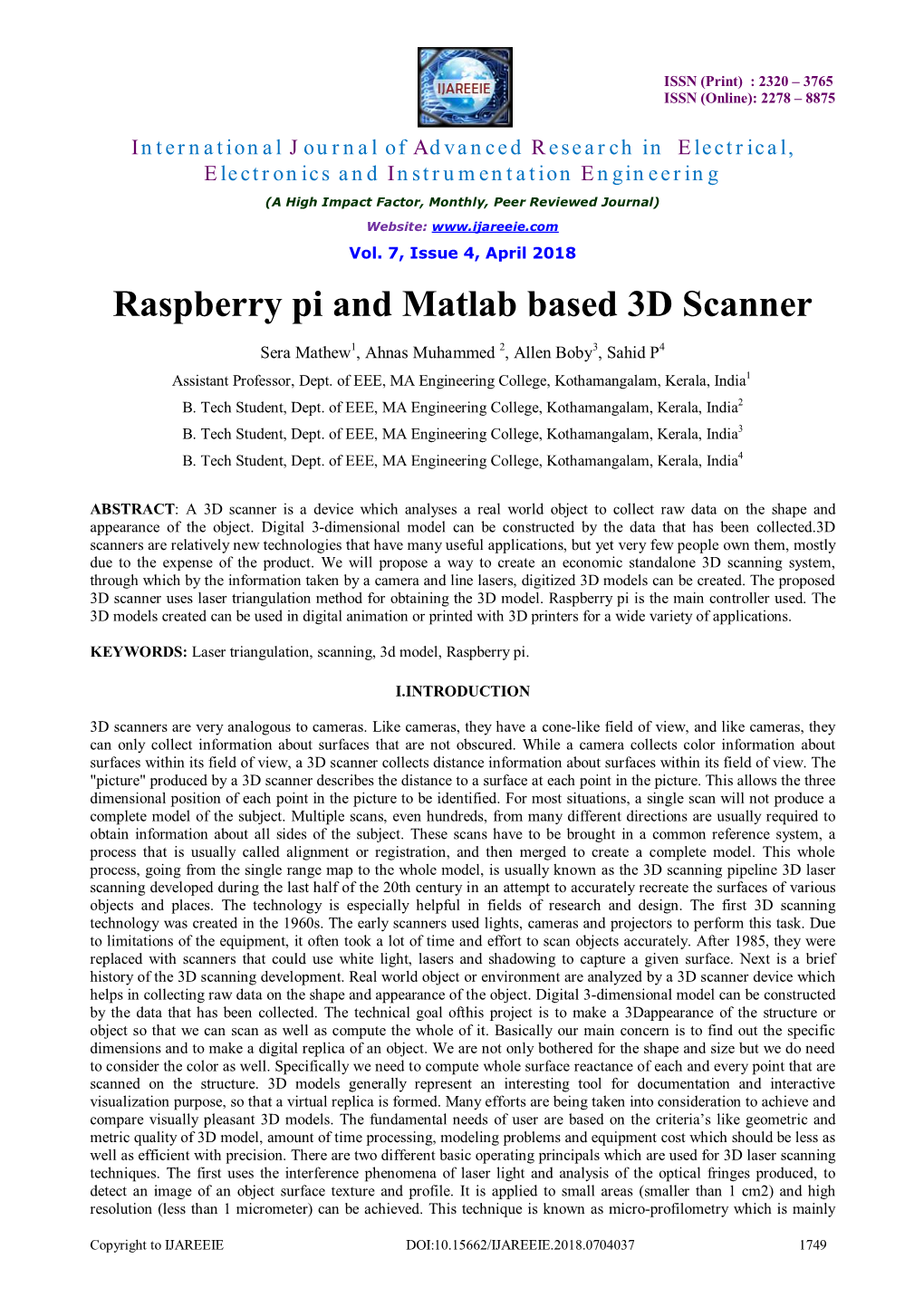Raspberry Pi and Matlab Based 3D Scanner