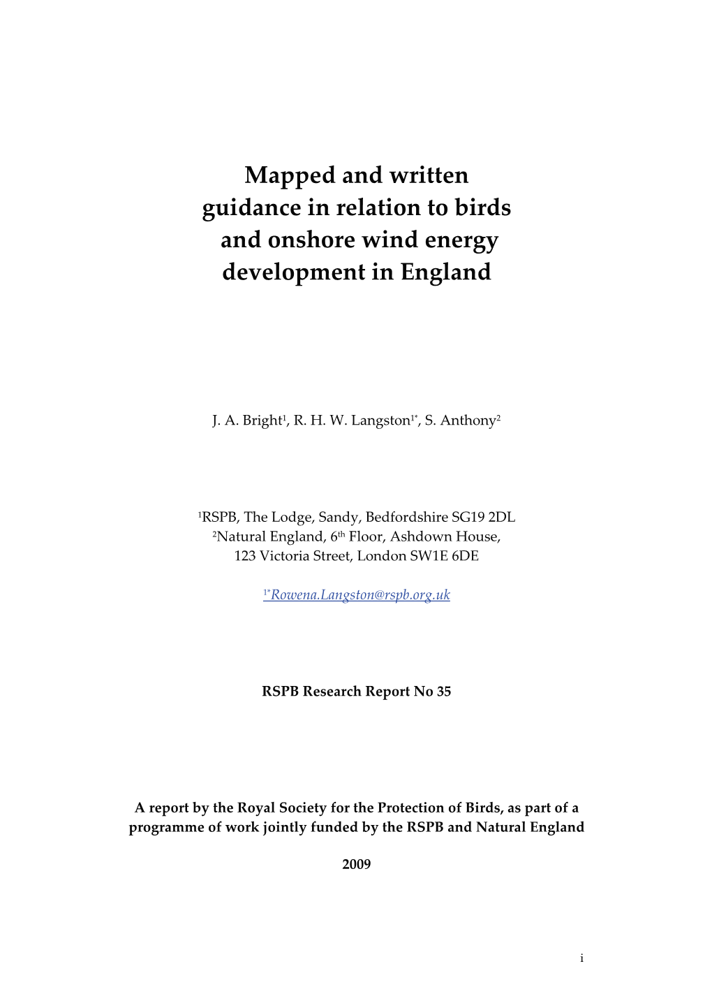 Mapped and Written Guidance in Relation to Birds and Onshore Wind Energy Development in England