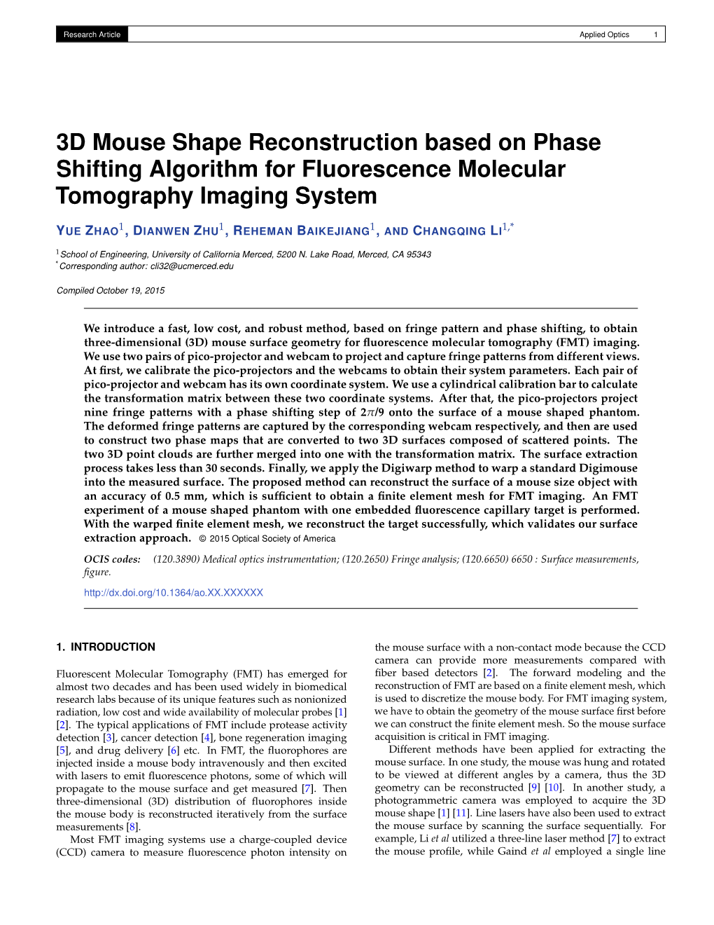 3D Mouse Shape Reconstruction Based on Phase Shifting Algorithm for Fluorescence Molecular Tomography Imaging System