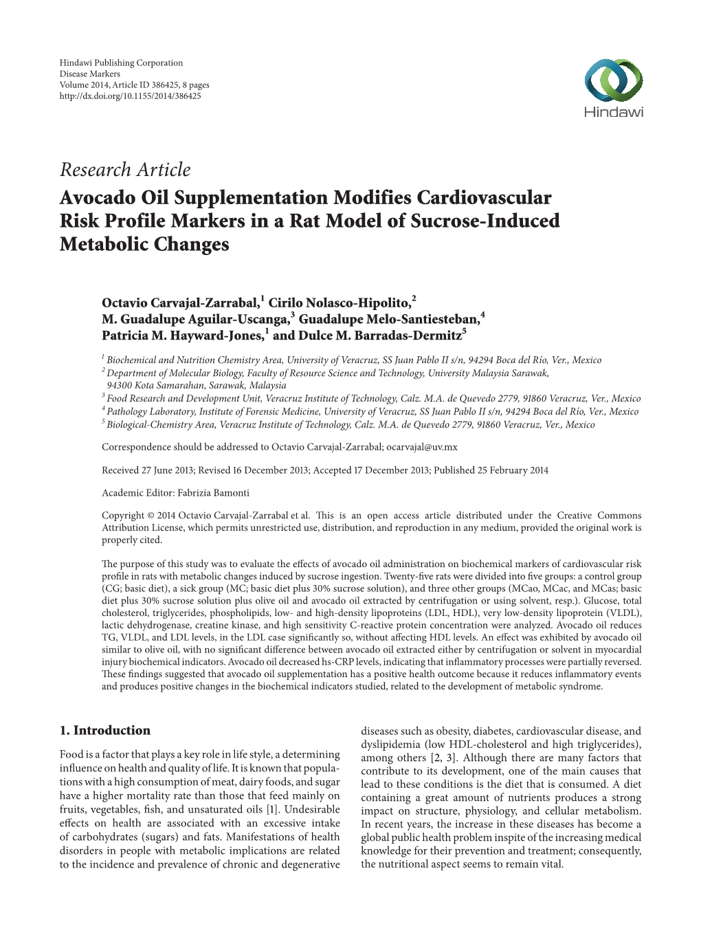 Avocado Oil Supplementation Modifies Cardiovascular Risk Profile Markers in a Rat Model of Sucrose-Induced Metabolic Changes