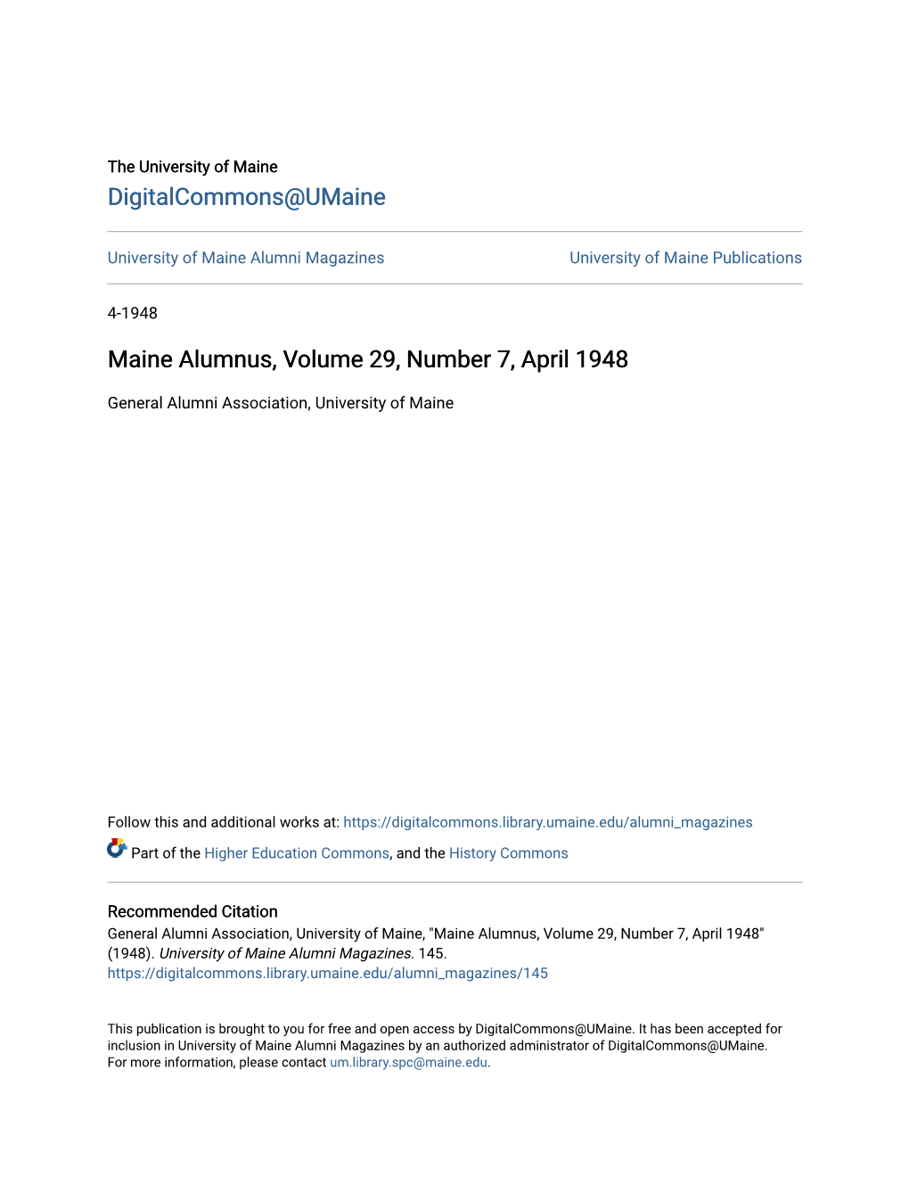 Maine Alumnus, Volume 29, Number 7, April 1948