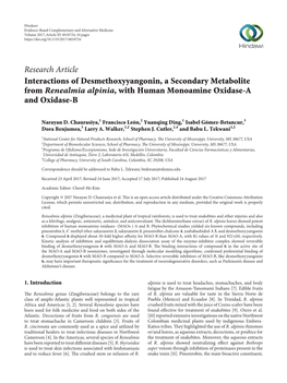 Interactions of Desmethoxyyangonin, a Secondary Metabolite from Renealmia Alpinia, with Human Monoamine Oxidase-A and Oxidase-B