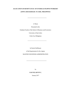 Allocation of Remittances of Overseas Filipino Workers' (Ofws') Households in Cebu, Philippines Using the Personal and Family Financial Planning Framework"