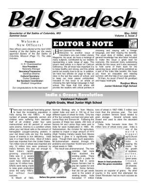 Bal Sabha of Columbia, MO May 2000 Summer Issue Volume 3, Issue 2 Welcome New Officers! EDITOR’S NOTE