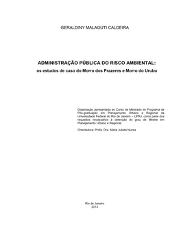 ADMINISTRAÇÃO PÚBLICA DO RISCO AMBIENTAL: Os Estudos De Caso Do Morro Dos Prazeres E Morro Do Urubu