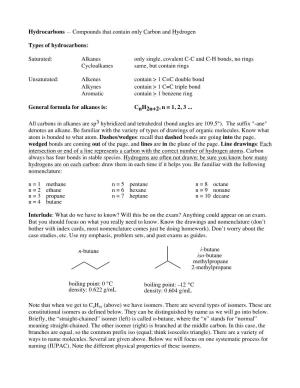 Chem 260 Handout 2013 Hydrocarbons