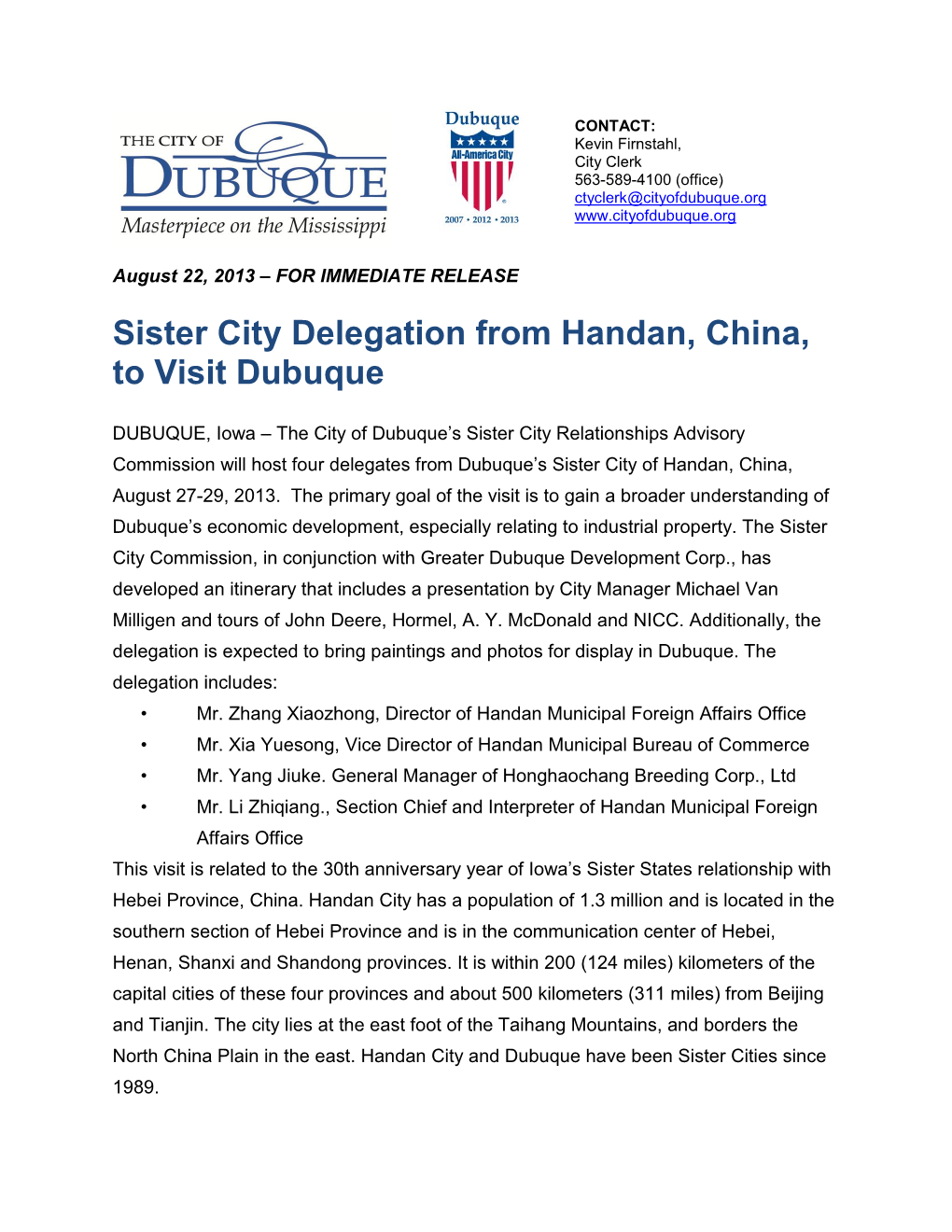 Sister City Delegation from Handan, China, to Visit Dubuque