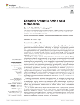 Editorial: Aromatic Amino Acid Metabolism
