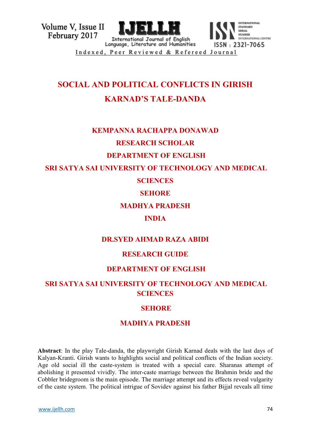 Social and Political Conflicts in Girish Karnad's Tale-Danda