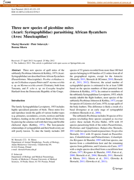 Acari: Syringophilidae) Parasitising African ﬂycatchers (Aves: Muscicapidae)