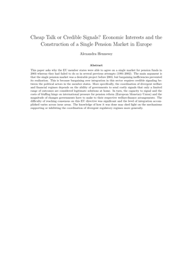 Cheap Talk Or Credible Signals? Economic Interests and the Construction of a Single Pension Market in Europe