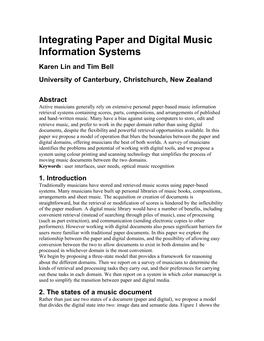 Integrating Paper and Digital Music Information Systems Karen Lin and Tim Bell University of Canterbury, Christchurch, New Zealand