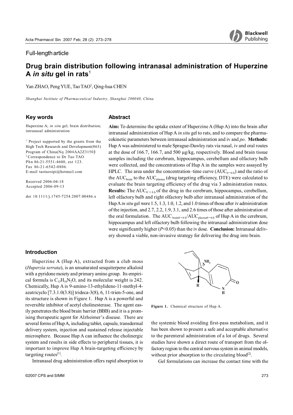 Drug Brain Distribution Following Intranasal Administration of Huperzine a in Situ Gel in Rats1