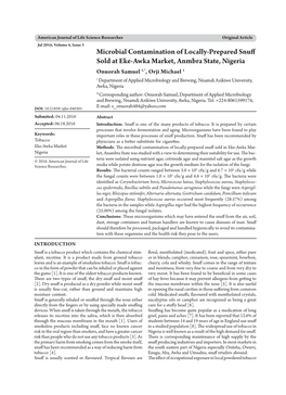 Microbial Contamination of Locally-Prepared Snuff Sold at Eke-Awka Market, Anmbra State, Nigeria