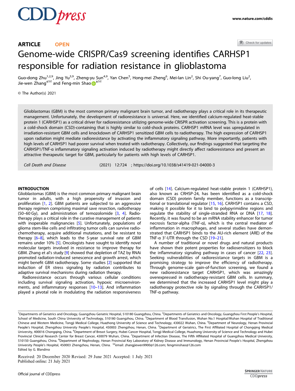 Genome-Wide CRISPR/Cas9 Screening Identifies CARHSP1 Responsible for Radiation Resistance in Glioblastoma