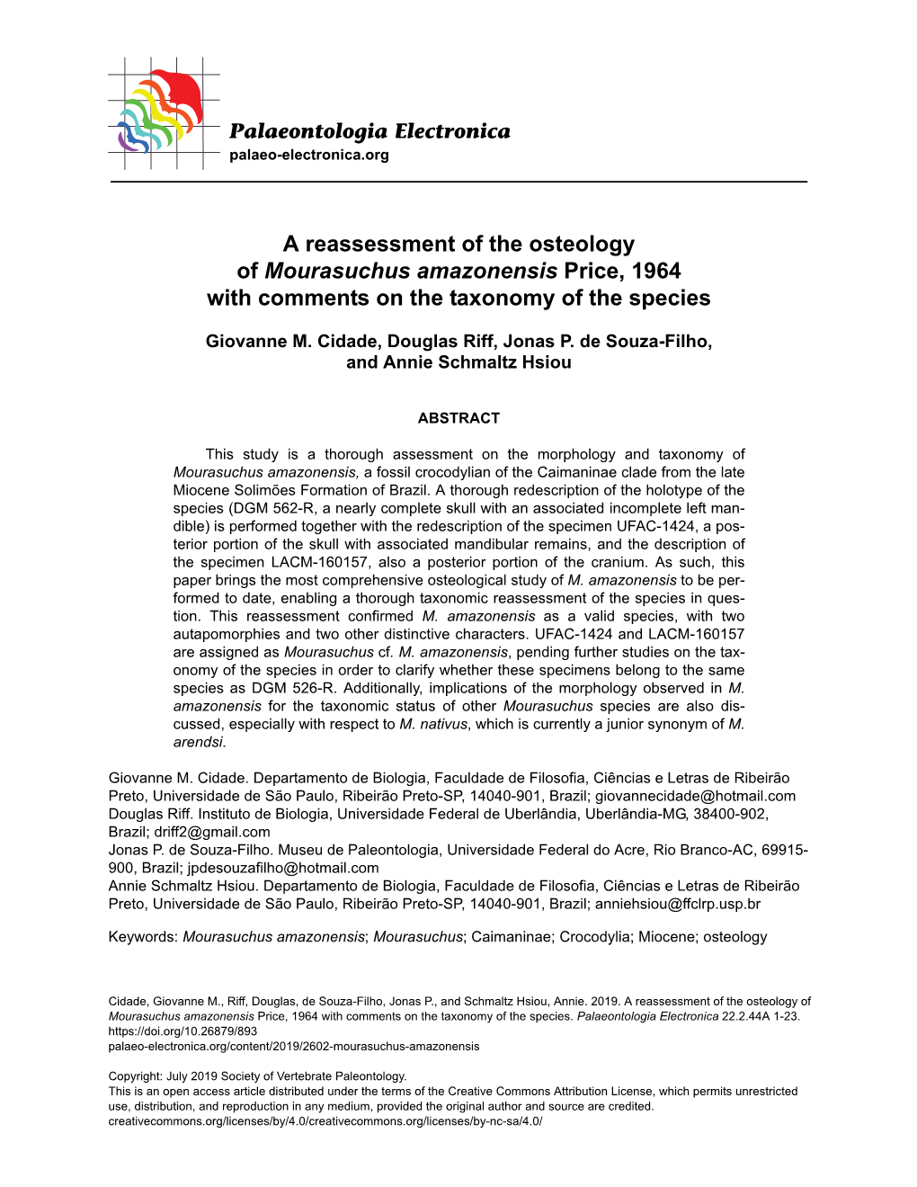 A Reassessment of the Osteology of Mourasuchus Amazonensis Price, 1964 with Comments on the Taxonomy of the Species