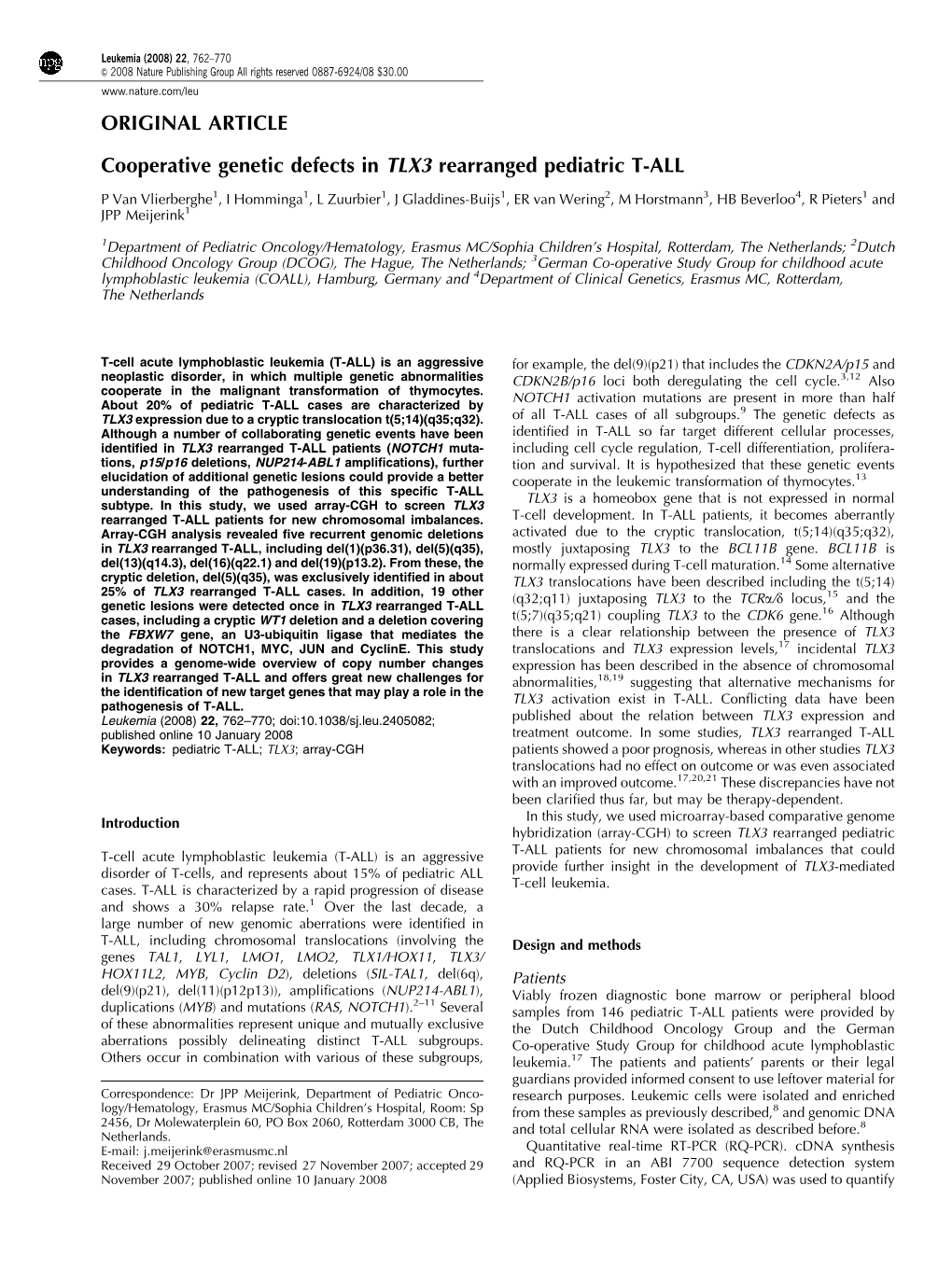 Cooperative Genetic Defects in TLX3 Rearranged Pediatric T-ALL