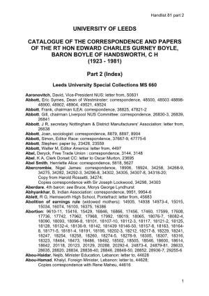 University of Leeds Catalogue of the Correspondence and Papers of the Rt Hon Edward Charles Gurney Boyle, Baron Boyle of Handswo