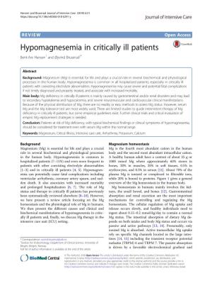 Hypomagnesemia in Critically Ill Patients Bent-Are Hansen1 and Øyvind Bruserud2*