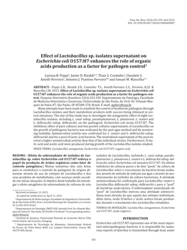 Effect of Lactobacillus Sp. Isolates Supernatant on Escherichia Coli O157:H7 Enhances the Role of Organic Acids Production As a Factor for Pathogen Control1