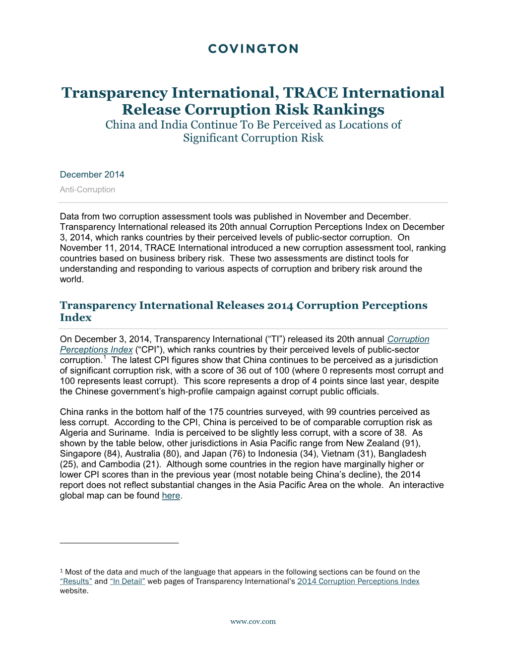 Transparency International, TRACE International Release Corruption Risk Rankings China and India Continue to Be Perceived As Locations of Significant Corruption Risk