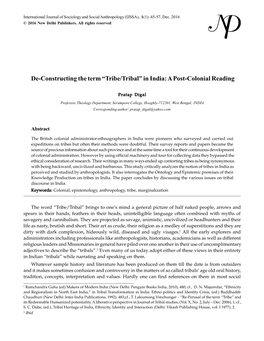 Tribe/Tribal” in India: a Post-Colonial Reading