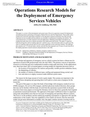 Operations Research Models for the Deployment of Emergency Services Vehicles Jeffrey B