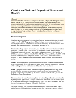 Chemical and Mechanical Properties of Titanium and Its Alloys