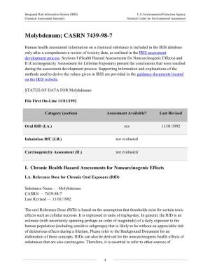 Molybdenum; CASRN 7439-98-7