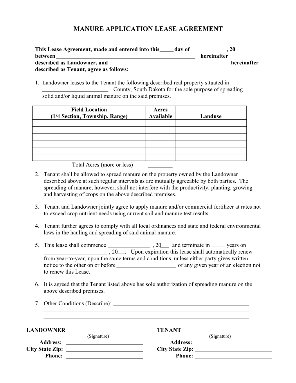 Manure Application Lease Agreement