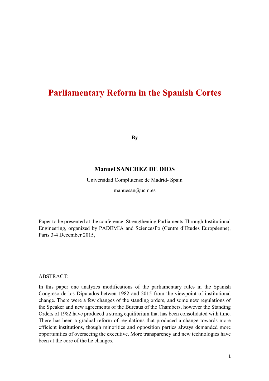 Parliamentary Reform in the Spanish Cortes