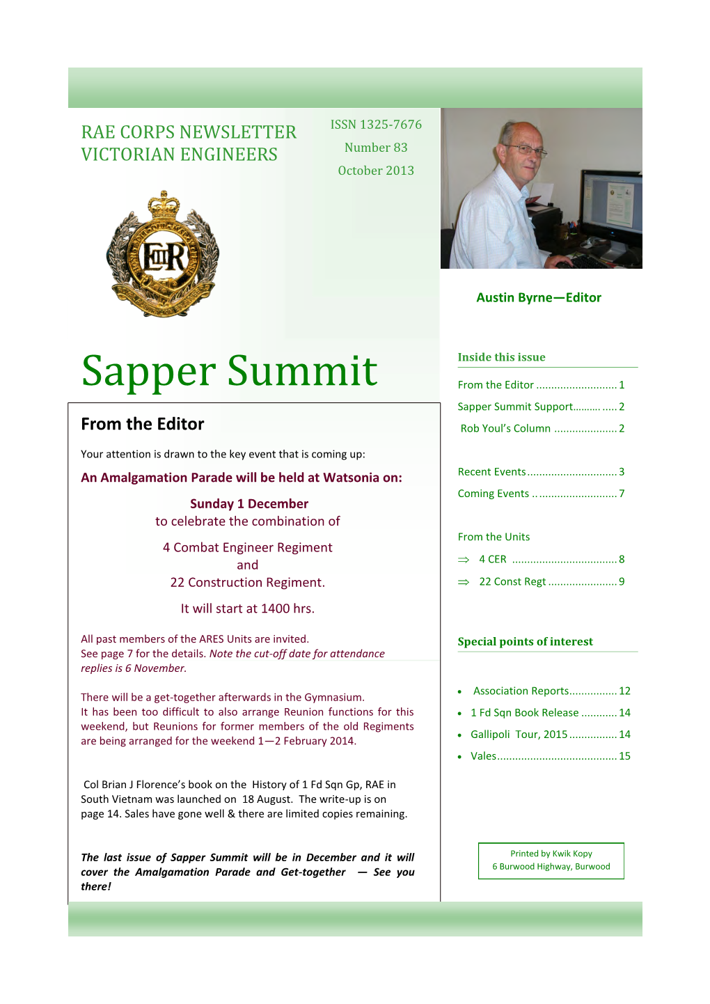 Sapper Summit from the Editor