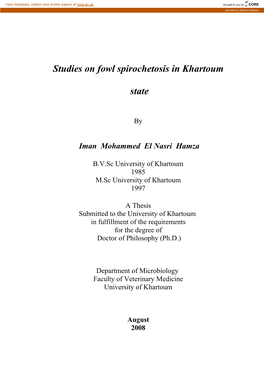 Studies on Fowl Spirochetosis in Khartoum State