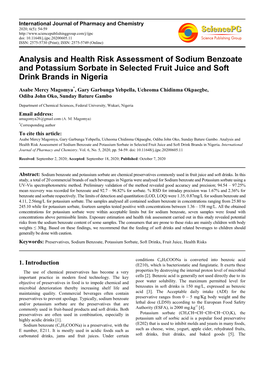 Analysis and Health Risk Assessment of Sodium Benzoate and Potassium Sorbate in Selected Fruit Juice and Soft Drink Brands in Nigeria