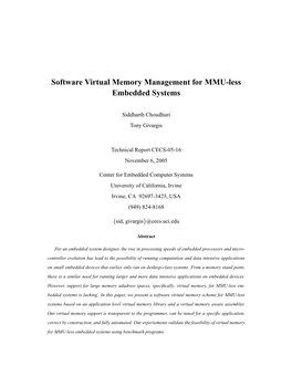 Software Virtual Memory Management for MMU-Less Embedded Systems