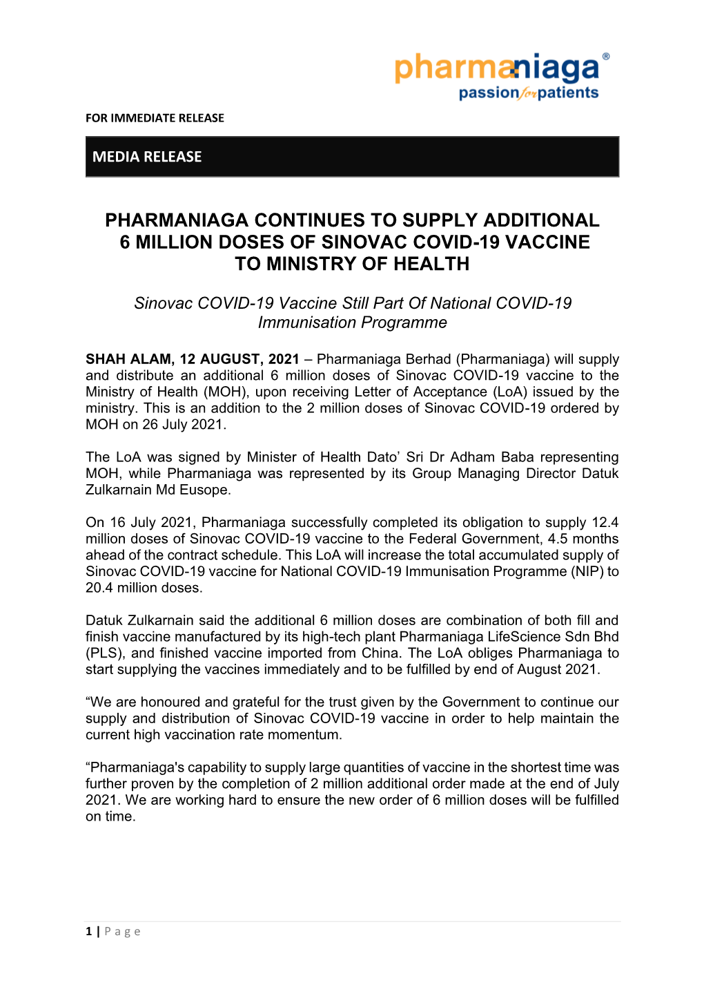 Pharmaniaga Continues to Supply Additional 6 Million Doses of Sinovac Covid-19 Vaccine to Ministry of Health