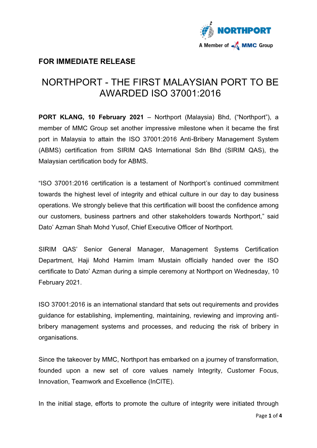 The First Malaysian Port to Be Awarded Iso 37001:2016