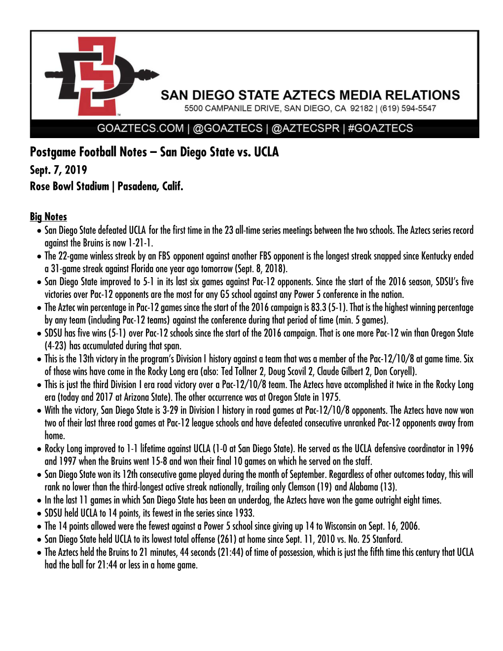 Postgame Football Notes – San Diego State Vs. UCLA Sept