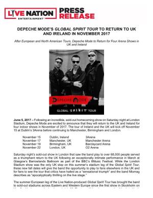 Depeche Mode's Global Spirit Tour to Return to Uk and Ireland in November 2017