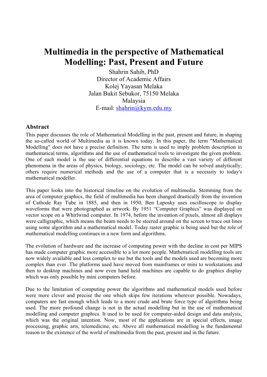 Multimedia in the Perspective of Mathematical Modelling: Past