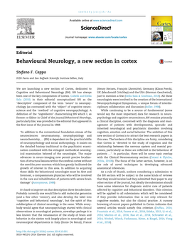 Behavioural Neurology, a New Section in Cortex