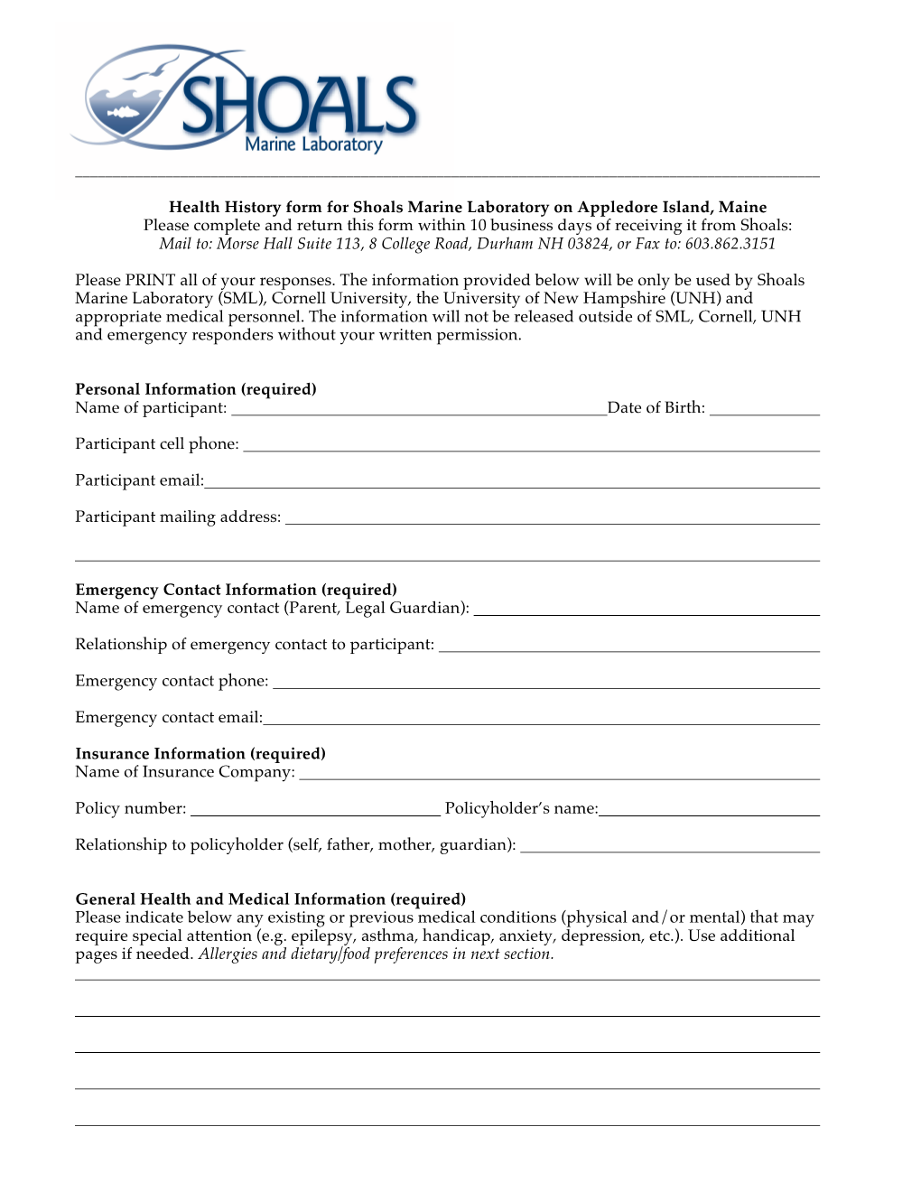 Shoals Marine Laboratory Student Orientation Packet 2016