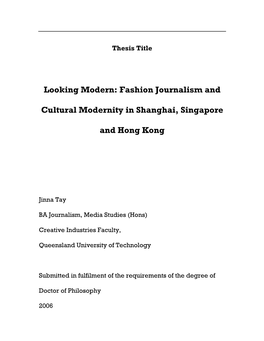Fashion Journalism and Cultural Modernity in Shanghai, Singapore
