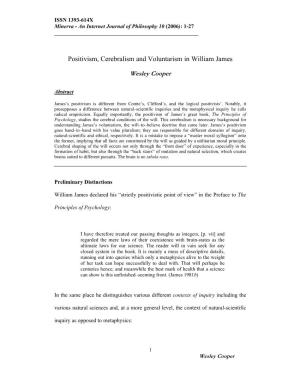 Positivism, Cerebralism and Voluntarism in William James