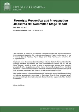 Terrorism Prevention and Investigation Measures Bill Committee Stage Report Bill 211 2010-12 RESEARCH PAPER 11/62 24 August 2011