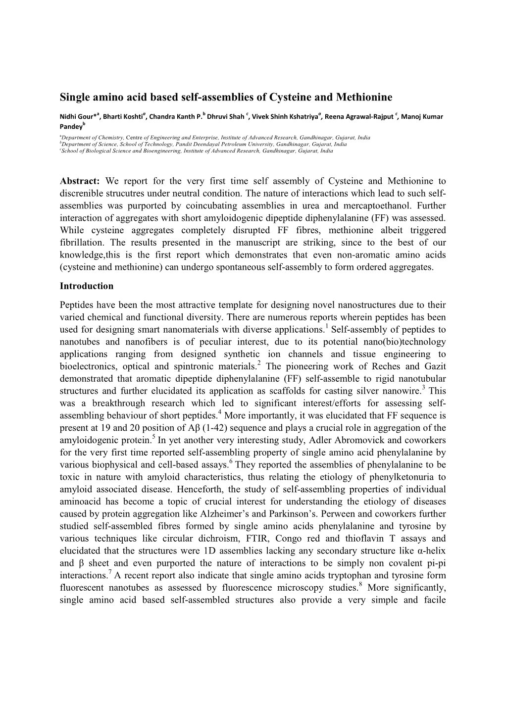 Single Amino Acid Based Self-Assemblies of Cysteine and Methionine