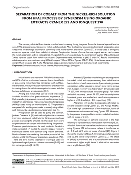 Separation of Cobalt from the Nickel-Rich Solution from Hpal Process by Synergism Using Organic Extracts Cyanex 272 and Ionquest 290