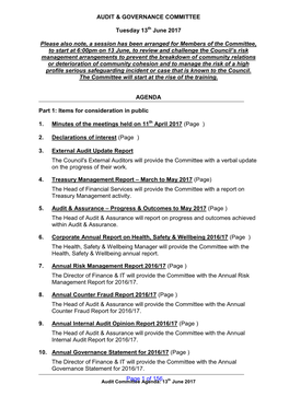 Audit Committee Agenda: 13 June 2017