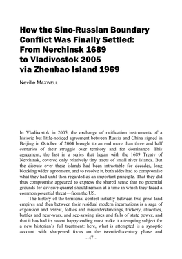 How the Sino-Russian Boundary Conflict Was Finally Settled: from Nerchinsk 1689 to Vladivostok 2005 Via Zhenbao Island 1969