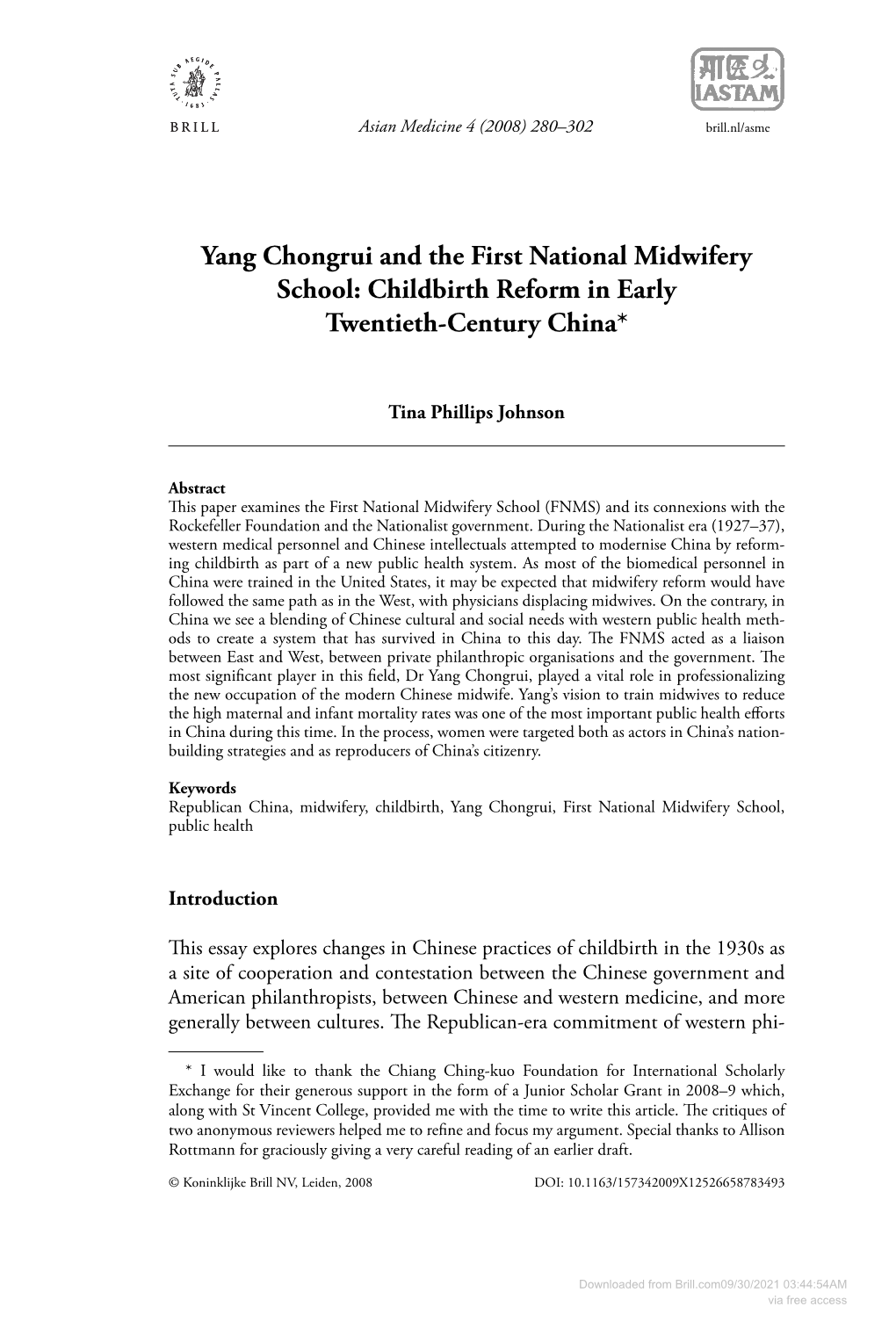 Yang Chongrui and the First National Midwifery School: Childbirth Reform in Early Twentieth-Century China*
